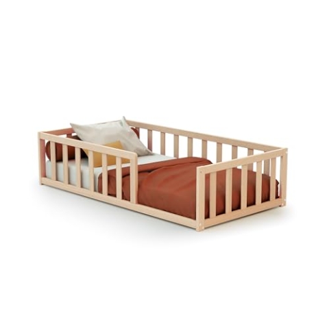 WEBABY - Bodenbett babybett Holz 70 x 140 cm Buche Natur roh | Mit Barrieren | Gitterbett | Kinderbett | Lattenrost inklusive | Schlafkomfort | Autonomie | Sicherheit