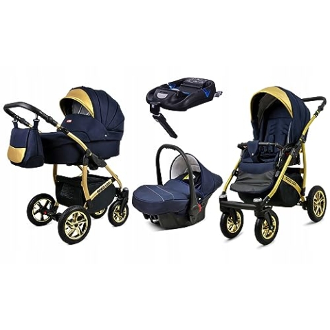 BabyLux® Kinderwagen Set 4 in 1 - Gold Lux - incl. Babywanne, Buggy Sportsitz, Auto-Babyschale, ISOFIX-Basisstation - Autositz - Kinderwagenset - Kombikinderwagen mit Wickeltasche usw.