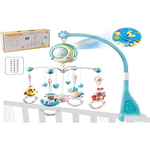 Baby Musik Krippe Handy, Alldo 360 ° drehbares Baby-Kinderbett mit Musik und Lichtern, Hängendes geborenes Kinderbettspielzeug Babybett Glockenspielzeug mit Fernbedienung und Projektion