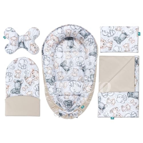 Lantigo 5-in-1 Neugeborenen-Komplettset 95x55 cm: Kuschelkokon, inkl. Kopfkissen, Babydecke, ergonomischer Matratze und hochwertiger Erstausstattung Safari Cappucino