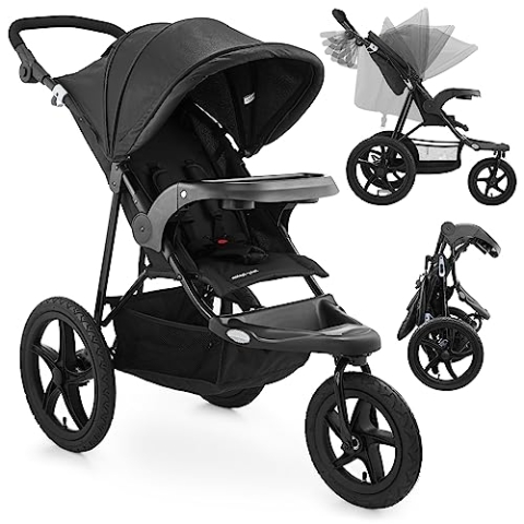 Moby-System Runner Mountain Dreirad-Kinderwagen mit Regenschutz, 15 kg Belastbar - Kinderwagen Zubehör Set mit 5-Punkt-Gurt, Reflektoren, Sichtfenster & Ablagekorb - Schwarz