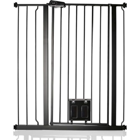Bettacare Haustiergitter mit Verriegelbarer Katzenklappe, 87.9cm - 95.5cm, Schwarz, 104cm in der Höhe, Extra Hohes Haustier Sicherheitsgitter mit Katzenklappe, Einfache Installation