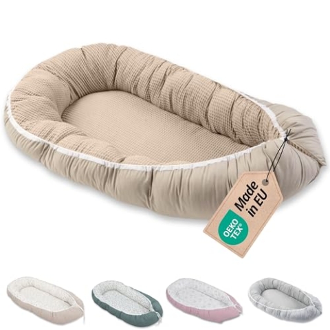 ULLENBOOM Babynest - 100% OEKO-TEX Materialien & Made in EU, Sand - Babynestchen Neugeborene aus kuscheliger Baumwolle, Ideal als Reisebett & Kuschelnest geeignet