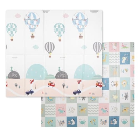 KiddyMoon Babymatte Zweiseitige Krabbelmatte Schaumstoffmatte Für Kinder Kindermatte Kindgerechte Muster Spielplatz Entwicklung Sicherer Bequemer Für Drinnen Draußen 180X200x1cm, Grau- Luftballons
