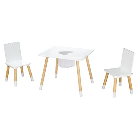 roba Kindersitzgruppe aus Holz mit Stauraum - Kindermöbel Set aus 2 Kinderstühlen & 1 Tisch - Kindertisch Set inkl. Aufbewahrungsnetz - Weiß / Natur