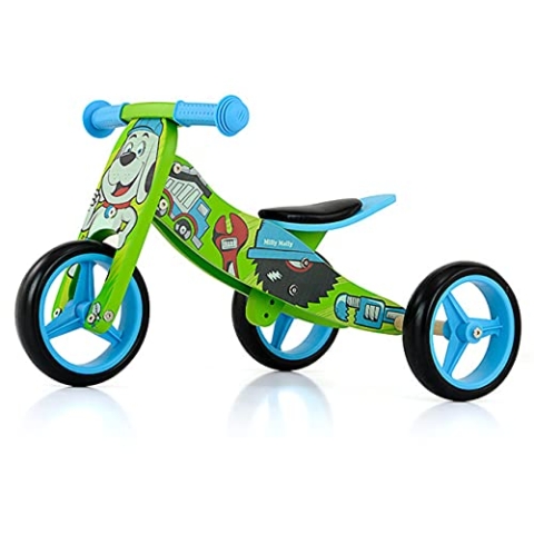 Milly Mally Jake Laufrad mit Zwei oder DREI Rädern Holzlaufrad von 1 bis 3 Jahren (Green Cars)