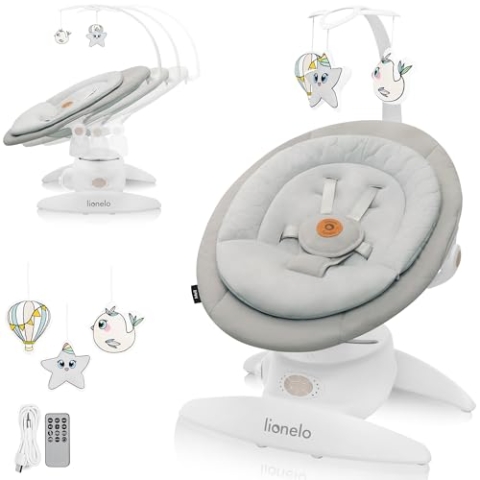 LIONELO MELL Elektrische Babywippe mit 360o Drehung für Babys bis 9 kg Verstellbare Rückenlehne 5 Schaukelgeschwindigkeiten Bewegungserkennung Sitzgurte 12 Melodien Spielzeugbügel Fernbedienung