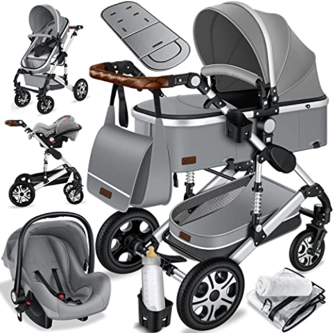 KESSER® Loops 3 in 1 Kinderwagen Kombikinderwagen Komplett-Set inkl. Babywanne & Buggy Sportsitz & Auto-Babyschale Voll-Gummireifen Wickeltasche Regenschutz Kindertisch ECE R129, Grau/Silber