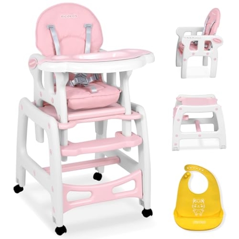 Ricokids Sinco Kinderhochstuhl - Babyhochstuhl Mitwachsender - Multifunktions Hochstuhl 5in1 - Tisch + Babystuhl Regulierbar - Schaukelfunktion - 3-fache Neigungsverstellung der Rückenlehne - (Rosa)
