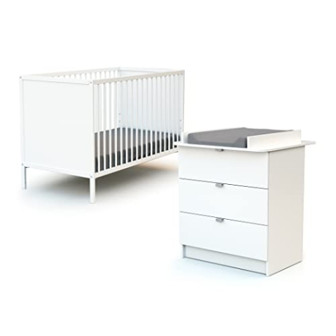 WEBABY – Weißes Duo aus Babybett und Kommode | 60x120 Bett | Verstellbarer Lattenrost in 3 Höhen | Kommode mit 3 Schubladen | Abnehmbarer Wickeltisch inklusive
