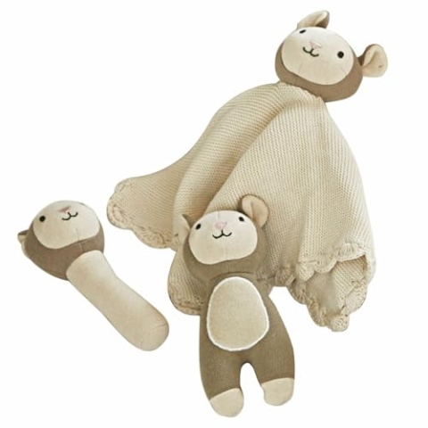 LOBERON Stofftier 3er Set Playfulo, Kuschelweich, Unterschiedliche Geräusche, Fördert die Entwicklung von Greif- und Hörsinn, Babybedarf, Spielzeug, Baumwolle, Polyester, creme