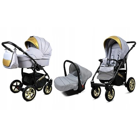 BabyLux® Bambimo Kinderwagen Set 3 in 1 - Gold Lux - incl. Babywanne, Buggy Sportsitz, Auto-Babyschale - Autositz - Kinderwagenset - Kombikinderwagen mit Wickeltasche, Regenschutz usw.