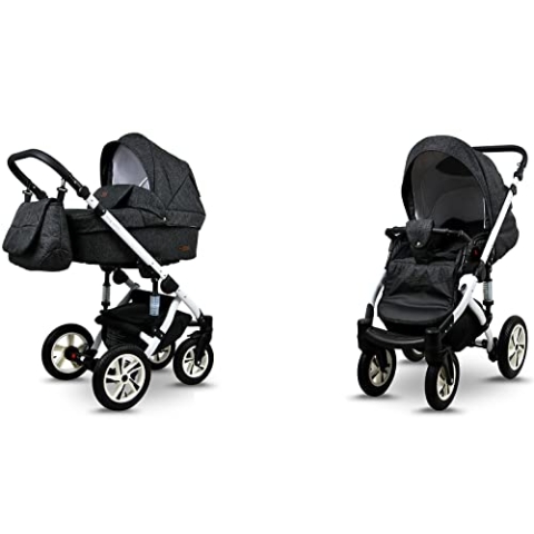 BabyLux® Sky Lark 2-in-1 Baby Kinderwagen Tief und Kinderwagen mit Zubehör Verstellbar und faltbar Aluminiumkonstruktion Wasserdicht Nicht abnehmbare Räder Black Flex White Frame