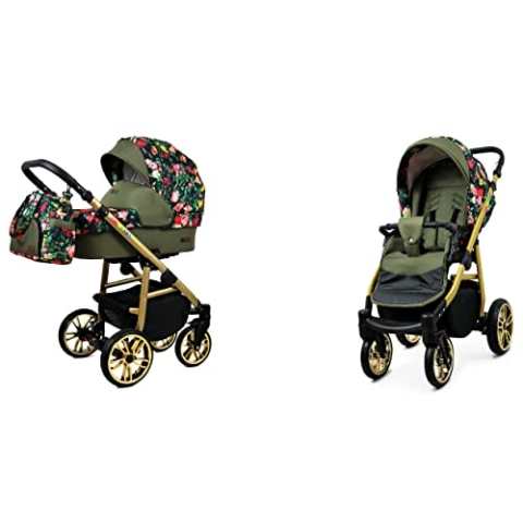 BabyLux Color Lux 2-in-1 Baby Kinderwagen Tief und Kinderwagen mit Zubehör Verstellbar und faltbar Aluminiumkonstruktion Wasserdichte Nicht abnehmbare Räder Roses With Tulips On Black Gold Frame