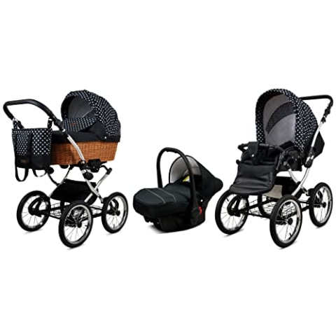 BabyLux Kinderwagen 3in1 mit Autositz für Kleinkinder – Kinderwagen für Neugeborene und Kleinkinder –– Baby Neugeborenen Kinderwagen – 59x105x125cm – Max 15kg – White Dots Silver Frame