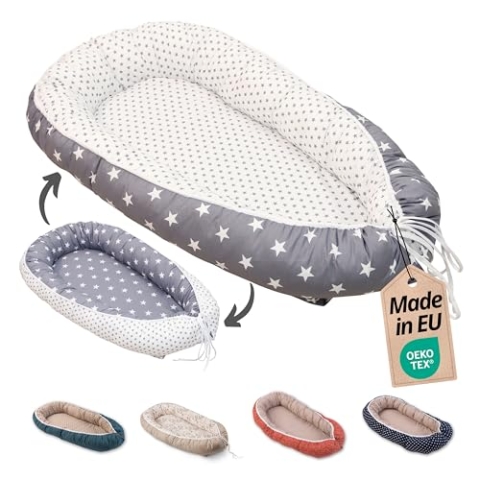 ULLENBOOM Babynest - 100% OEKO-TEX Materialien & Made in EU, Weiß Grau - Babynestchen Neugeborene aus kuscheliger Baumwolle, Ideal als Reisebett & Kuschelnest geeignet