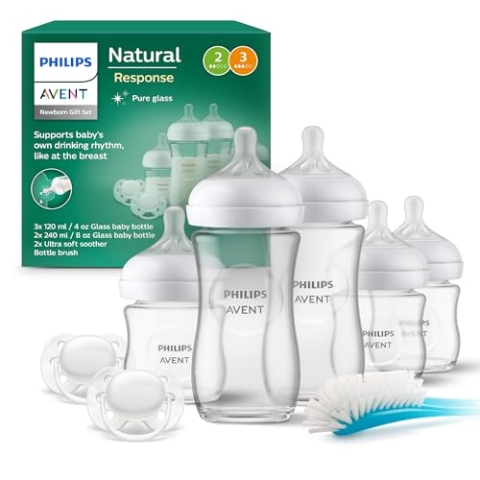 Philips Avent Natural Response Glas-Geschenkset für Neugeborene – 3 x 120 ml und 2 x 240 ml Babyflaschen, 2 x ultra soft Schnuller 0–6 Monate, Flaschenbürste, BPA-frei (Modell SCD879/11)