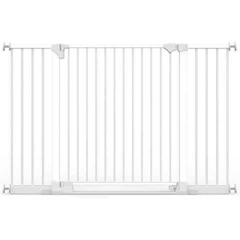 Safetots Sicherheitsstuffen Treppenschutzgitter, Weiß, 152cm - 159cm, Extra Niedrige Durchgangshöhe, 81cm Extra Breite Türöffnung, Extra Breites Gitter für Treppen, Baby und Kleinkind