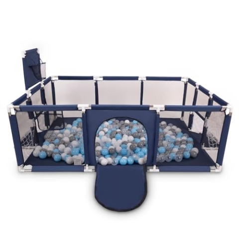 Selonis Laufstall Baby Großer Spielplatz Mit 400 Bälle Bälle Laufgitter Für Kinder, Dunkelblau:Grau/Weiß/Transparent/Babyblue