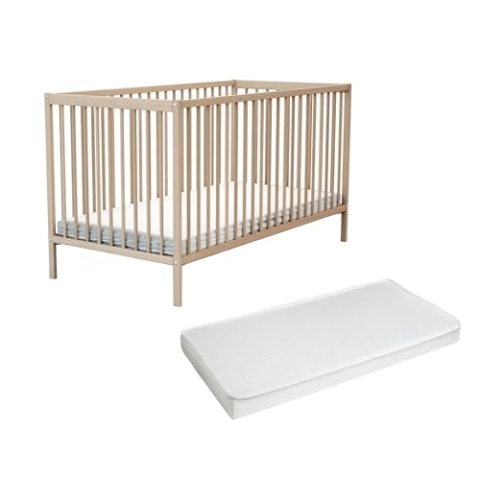 AT4 - Babybett Holz 70x140 ESSENTIEL mit Matratze Buche Natur |144 x 74 x 86,5 cm |Kinderbett mädchen und Jung - Gitterbett mit Lattenrost 3 Stufen Höhenverstellbar
