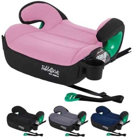 FableKids Sitzerhöhung Auto Kinder Isofix | 3-Punkt-Sicherheitsgurt | Kindersitzerhöhung bis 5 Jahre | Autositz für Kinder 125-150cm mit Becherhalter | ECE R129/03 | Pink