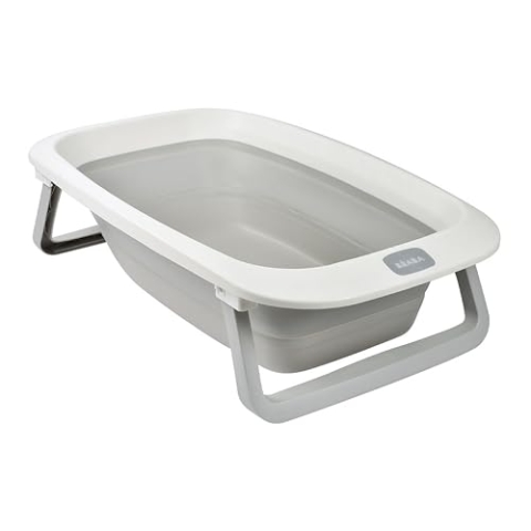 BÉABA, Faltbare Babybadewanne, Ultrakompakt, Rutschfeste Füße, Trendiges Design, Abflussstopfen, Praktische Aufbewahrung, Minimaler Platzbedarf, Einfache Benutzung, Eazy Pop Camélé'O, 29L, Grau