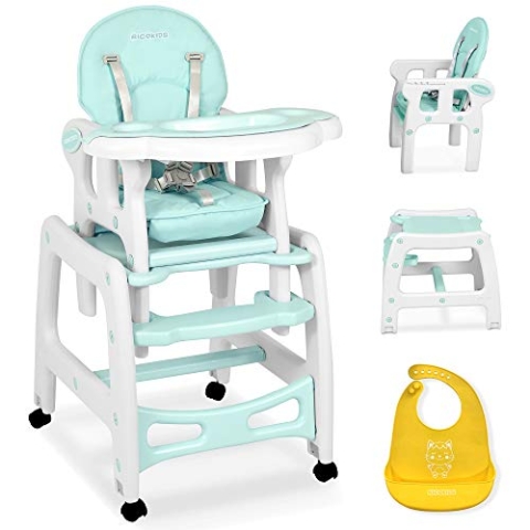 Ricokids Sinco Kinderhochstuhl - Babyhochstuhl Mitwachsender - Multifunktions Hochstuhl 5in1 - Tisch + Babystuhl Regulierbar - Schaukelfunktion - 3-fache Neigungsverstellung der Rückenlehne - (Türkis)