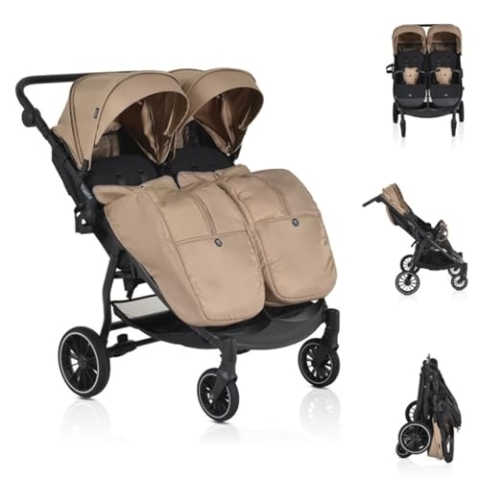 Moni Zwillingskinderwagen TwinGo Getränkehalter, Fußabdeckung, Hinterradbremse, Farbe:braun