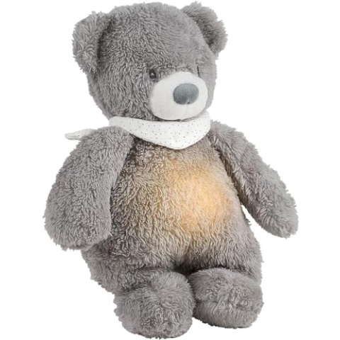 Nattou Kuscheltier-Nachtlicht Bär, Sleepy, 7 natürliche Farben, Integrierte Spieluhr, USB-Akku, 19,3 x 11 x 30,5 cm, Vegan, Plüsch/Polyester, Grau