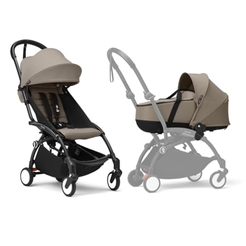 Stokke YOYO3 Kinderwagen mit Liegewanne - Enthält schwarzem Rahmen, YOYO 6 + Textilset (Taupe) & Liegewanne (Taupe)