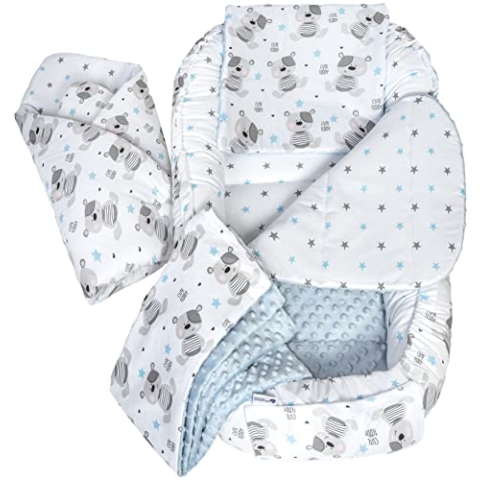 Medi Partners Babynestchen Babynest Set 100x60x15 Kuschelnest 5 teilig herausnehmbarer Einsatz Kokon Nestchen Babys Neugeborene 100% Baumwolle (Teddybär mit Hellblauen Minky)