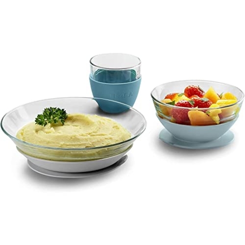 BÉABA & Duralex - Kinder-Glas-Geschirrset bestehend aus Teller, Schale, Glas mit Silikon-Saugnapf - Ergonomisch - Vielseitig - Gesund - Haltbar - Made in France - Jungle
