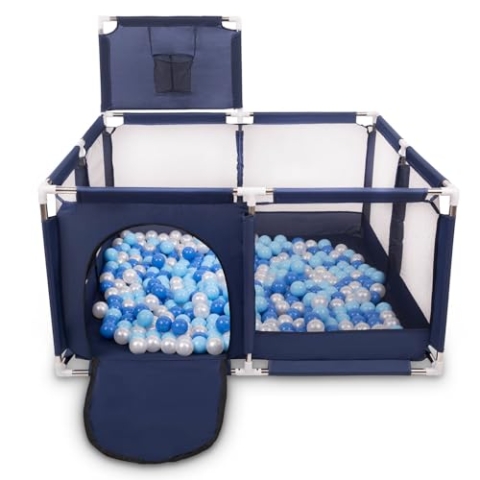 SELONIS Laufstall Mit Korb Und 100 Bälle Laufgitter Für Kinder, Blau:Blau/Babyblue/Perle