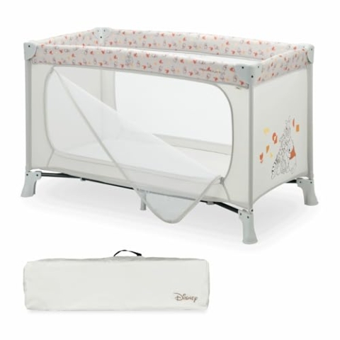 hauck Kinderreisebett Dream N Play Plus mit Transporttasche und Großen Schlupf zum Spielen, Klein Zusammenklappbar, Baby Reisebett Kleinkind ab Geburt bis 15 kg (Disney Pooh Friends Beige)