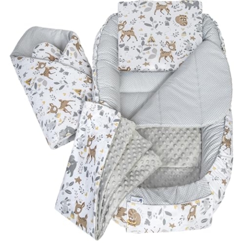 Medi Partners Babynestchen Babynest Set 100x60x15 Kuschelnest 5 teilig herausnehmbarer Einsatz Kokon Nestchen Babys Neugeborene 100% Baumwolle (REH mit Grauem Minky)
