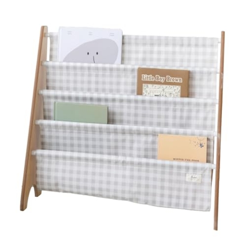 3 Sprouts Kinder Bücherregal aus Holz – Montessori Regal für Kinderzimmer - Gingham Beige