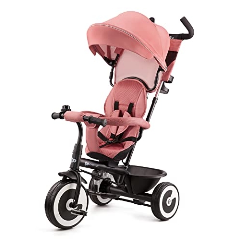 Kinderkraft ASTON Dreirad ab 9 Monate bis 25 kg, Kinderdreirad mit schubstange, drehbarer Sitz Vorwärts und Rückwärtsfahrt, ausklappbarem Verdeck mit sonnenschutz, Getränkehalter korb im set, Rosa