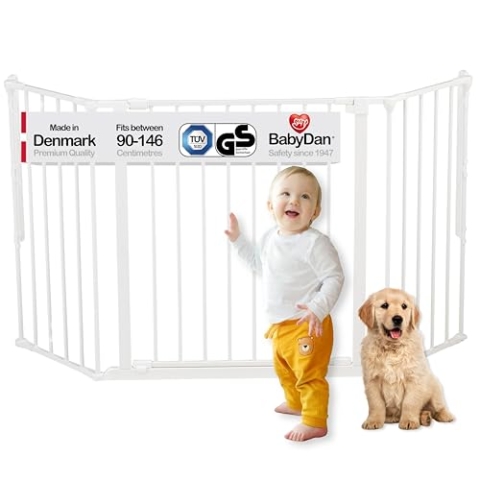 BabyDan Flex M, 90-146 cm, Treppenschutzgitter/Raumteiler, Weiß, Hergestellt in Dänemark - Schutzgitter/Sicherheitsgitter (Haustiergitter/Hundegitter/Hundelaufstall)