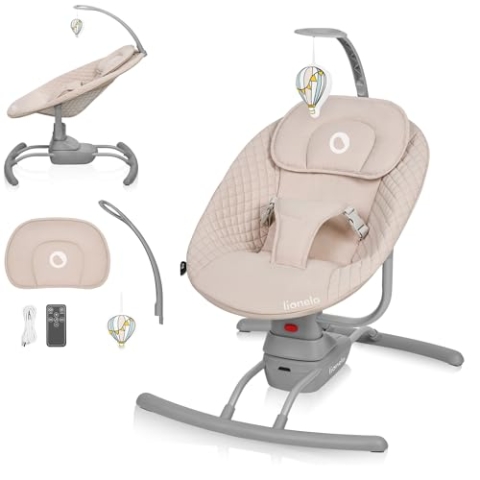 LIONELO RIO Elektrische Babywippe für Kleinkinder bis zu 9 kg Verstellbare Rückenlehne, 3 Wiegegeschwindigkeiten, Polster Sitzgurte Melodien und Geräusche der Natur Leichtes Gewicht 3,5 kg