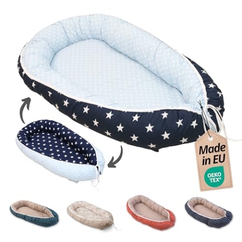 ULLENBOOM Babynest - 100% OEKO-TEX Materialien & Made in EU, Blau Hellblau - Babynestchen Neugeborene aus kuscheliger Baumwolle, Ideal als Reisebett & Kuschelnest geeignet