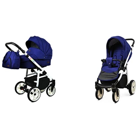 BabyLux Color Lux 2-in-1 Baby Kinderwagen Tief und Kinderwagen mit Zubehör Verstellbar und faltbar Aluminiumkonstruktion Wasserdichte Nicht abnehmbare Räder Sailor Blue White Frame
