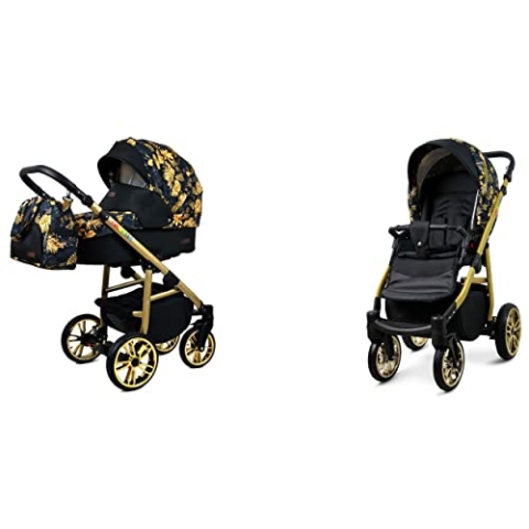 BabyLux Color Lux 2-in-1 Baby Kinderwagen Tief und Kinderwagen mit Zubehör Verstellbar und faltbar Aluminiumkonstruktion Wasserdichte Nicht abnehmbare Räder Gold Jungle Gold Frame