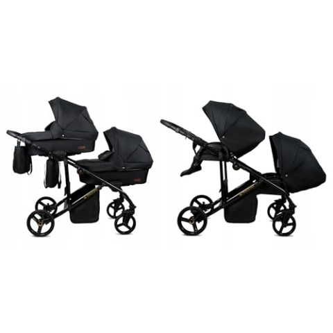 BabyLux® Kinderwagen Set 2 in 1 für Zwillinge - Trailux Duo - Onyx - incl. Babywanne, Buggy Sportsitz - Geschwisterwagen Zwillingskinderwagen Kombikinderwagen mit Wickeltasche, Regenschutz