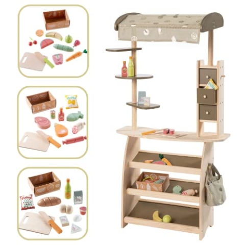 howa Kaufladen Marktstand "Lucky" aus Holz mit Markise, Tasche und 32 tlg. Kaufladenzubehör 47479