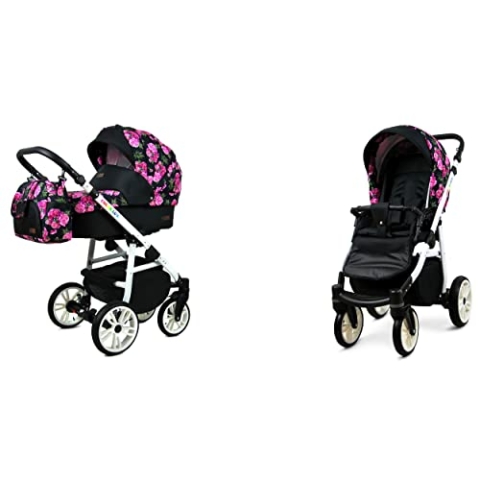 BabyLux Color Lux 2-in-1 Baby Kinderwagen Tief und Kinderwagen mit Zubehör Verstellbar und faltbar Aluminiumkonstruktion Wasserdichte Nicht abnehmbare Räder Bouquets Peony On Black White Frame