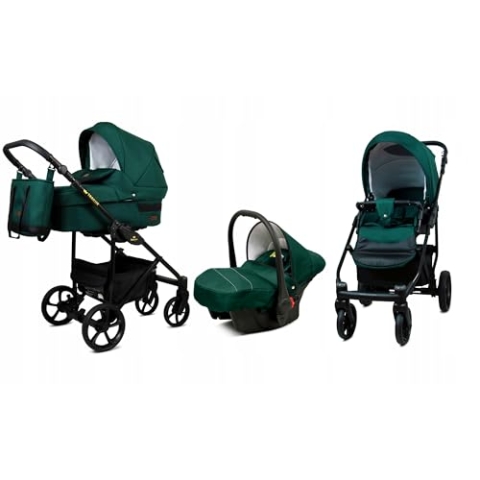 BabyLux® Kinderwagen Set 3 in 1 - Trailux - Bottle Green - incl. Babywanne, Buggy Sportsitz, Auto-Babyschale - Autositz - Kinderwagenset - Kombikinderwagen mit Wickeltasche, Regenschutz usw.