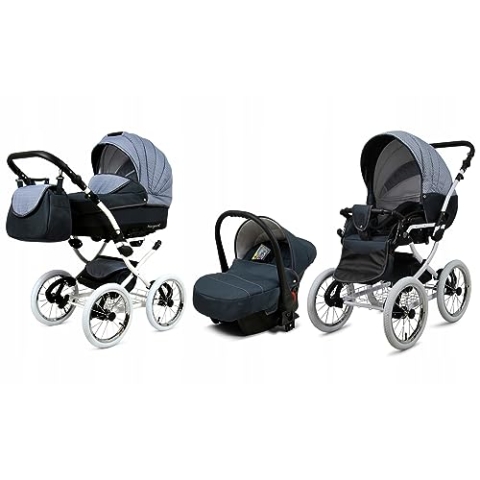 BabyLux® Bambimo Kinderwagen Set 3 in 1 - Margaret White - incl. Babywanne, Buggy Sportsitz, Auto-Babyschale - Autositz - Kinderwagenset - Kombikinderwagen mit Wickeltasche, Regenschutz usw.