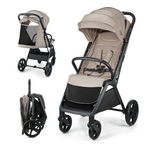 Kinderkraft LOOM Buggy bis 27 kg, Kinderwagen, vergrößerte Verdeck, Gepolsterte Räder, liegende Position, geringe Gewicht - 9kg geräumige Korb, kompakten Abmessungen, Beige