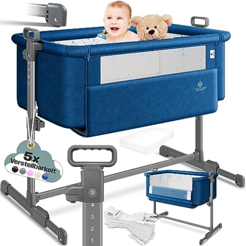 KESSER® Zustellbett Hubi 3in1 Baby Beistellbett Reisebett Babybett mit weich Matratze, mit Rollen Kinderbett, 5-Fach Höhenverstellung, Faltbare Seitenwand für Zuhause und Unterwegs, Blau