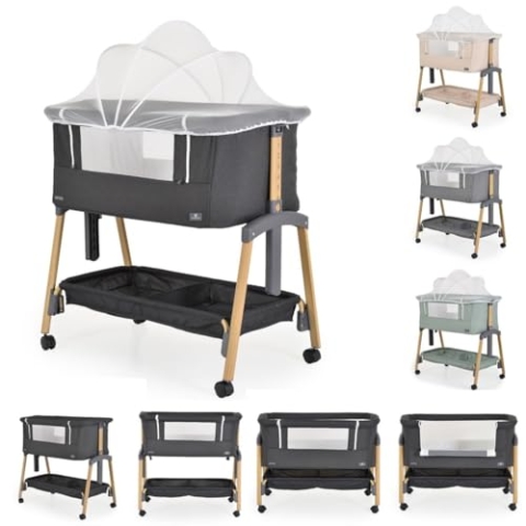 Cangaroo Babybett, Beistellbett Adoro, verstellbar, Matratze, Moskitonetz, Räder, Farbe:schwarz